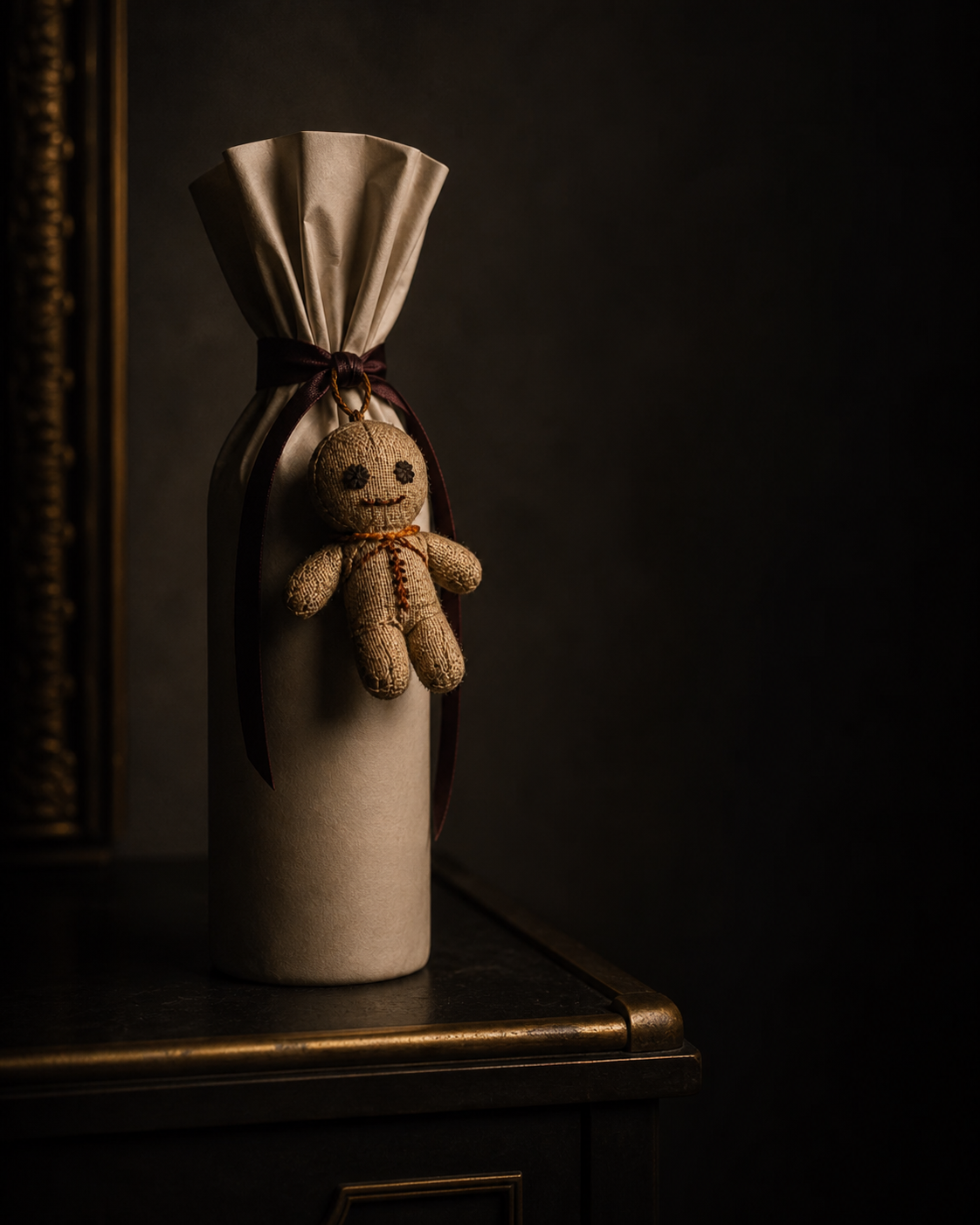 IP-GFT-002 · The host — a wrapped bottle-shaped gift with the linen poppet at its neck, on a dark entryway console under one warm raking light.