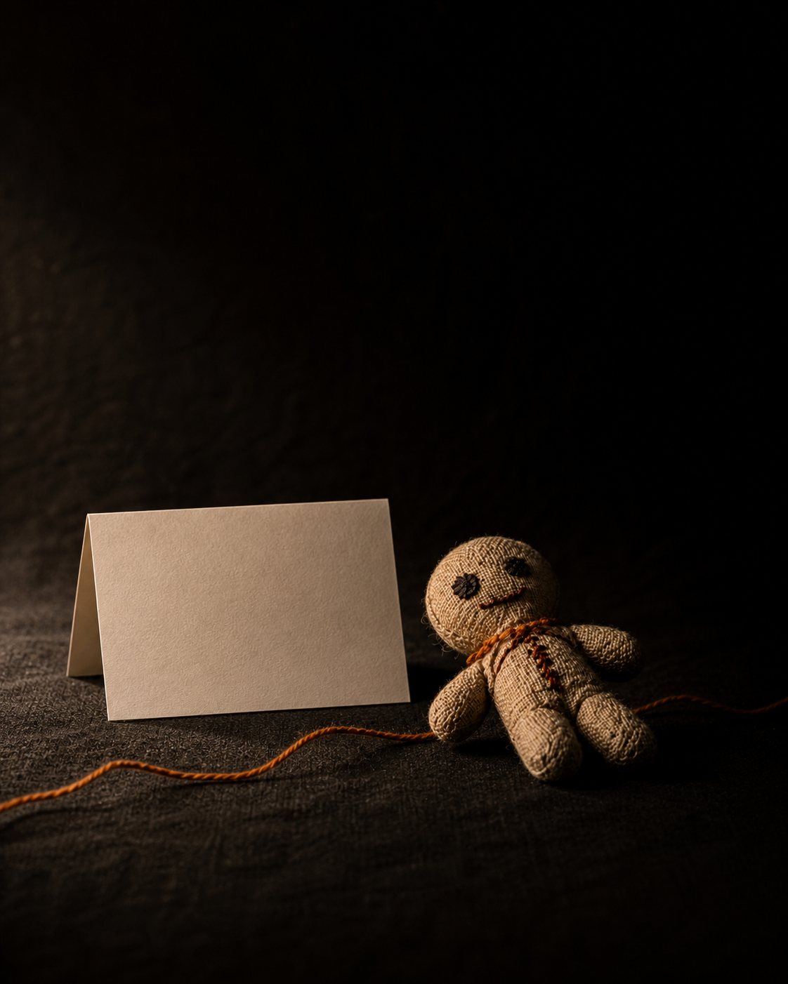 IP-GFT-003 · The thanks — a small card and the poppet resting on dark linen, a single low light, one marigold thread the only color.