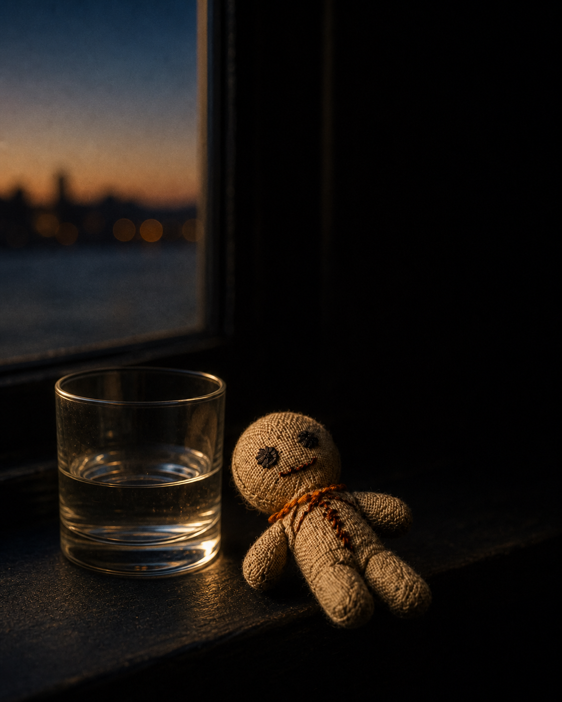 IP-GFT-005 · Remembrance, gently — a single glass and the poppet by a window at last light; quiet and warm, never funereal.