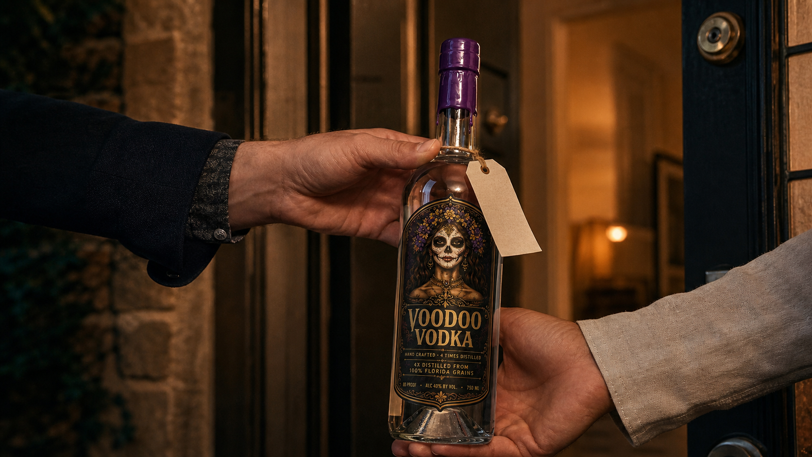 A bottle of Voodoo Vodka with a note card tied at its neck, handed over at a lit doorway at dusk.