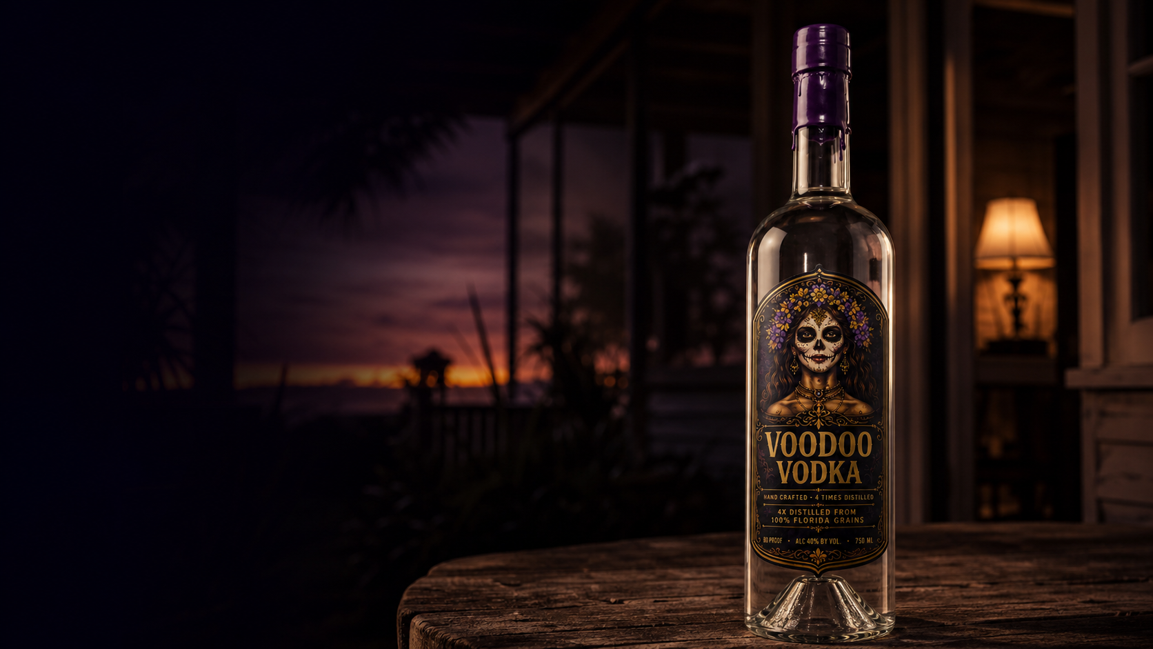 A bottle of Voodoo Vodka on a porch table at dusk, lit by a single lamp.