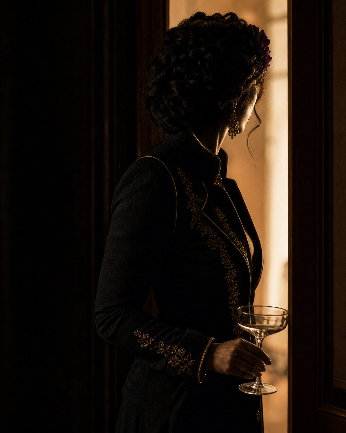 A silhouetted hostess at the edge of a candlelit doorway, coupe held at her side.
