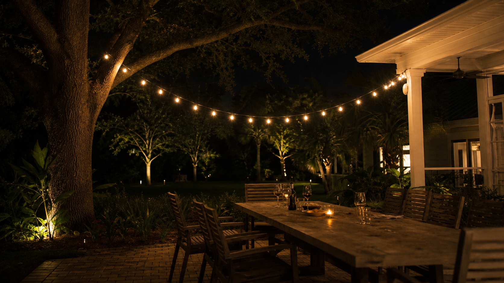 A backyard table under warm string lights, chairs pushed back mid-evening.