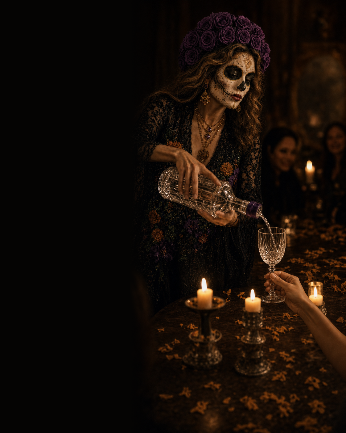 Maxima, Keeper of the Last Toast, a fictional brand character, pouring from her ornate crystal bottle into a raised glass at a candlelit gathering, marigold petals scattered across the table.
