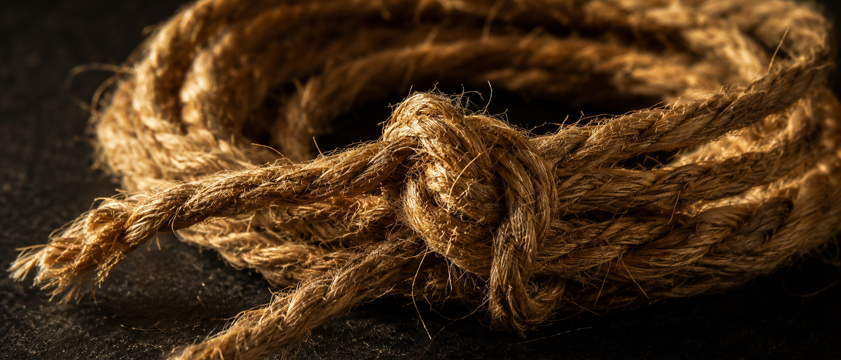 Extreme macro of a coil of rough undyed twine with one hand-tied knot, every fibre catching a single warm raking light.