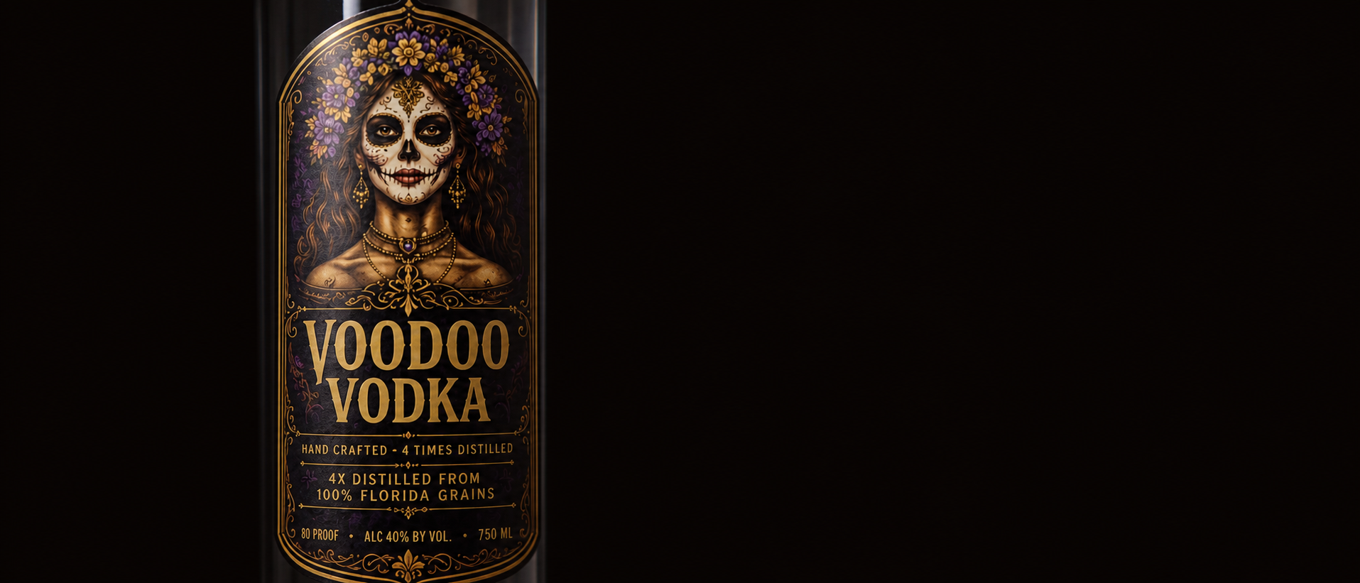 A gilded, hand-finished crop of the Voodoo Vodka label: Maxima as she appears on every bottle.