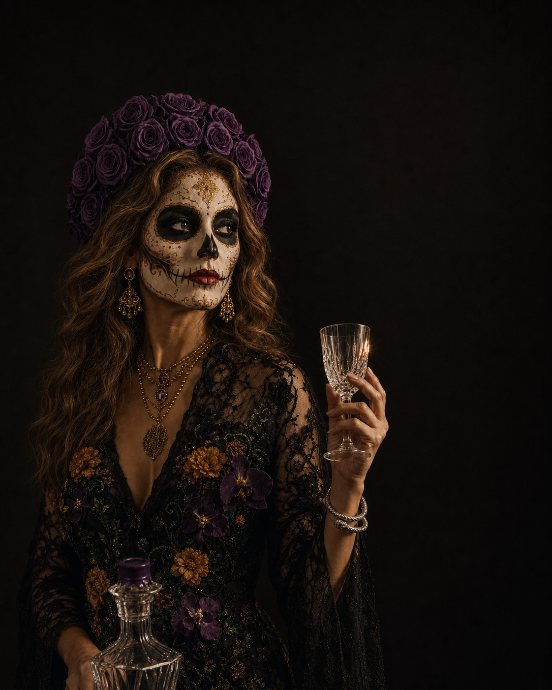 Maxima, Keeper of the Last Toast, a fictional brand character from the Voodoo Vodka lore: ivory-and-gold sugar-skull face paint, a crown of purple roses, and a crystal glass raised in invitation.