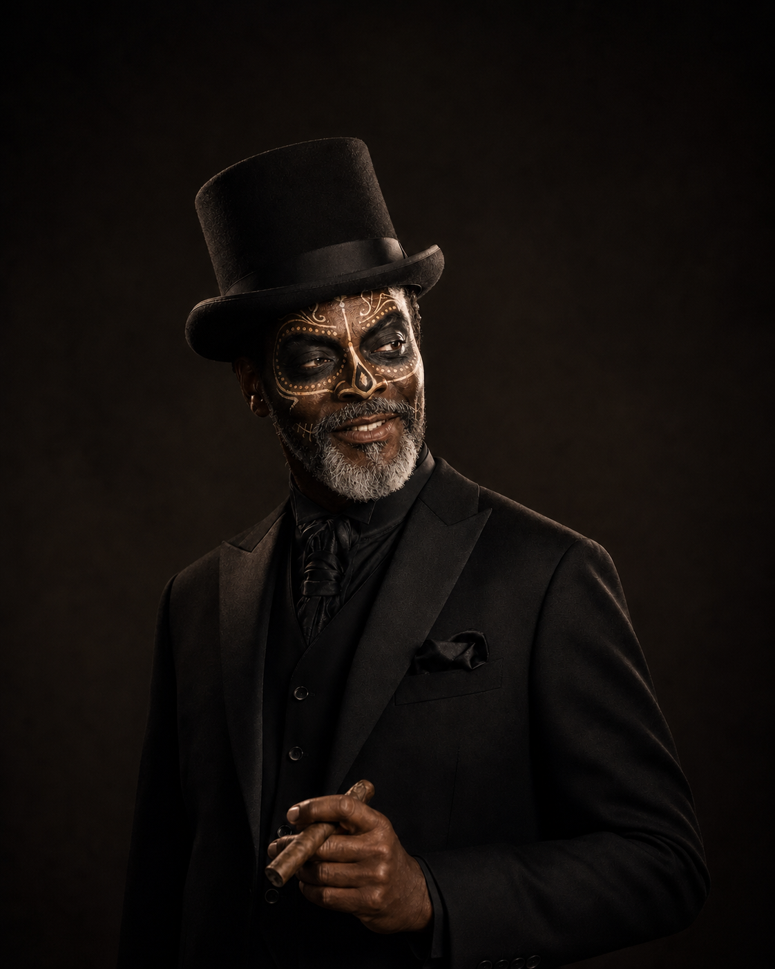 Baron Samedi, a fictional brand character: black formal tailoring, a tall black top hat, a cigar held in one hand, and couture skull-influenced makeup in fine bone and gold linework, lit by one raking key against deep shadow.