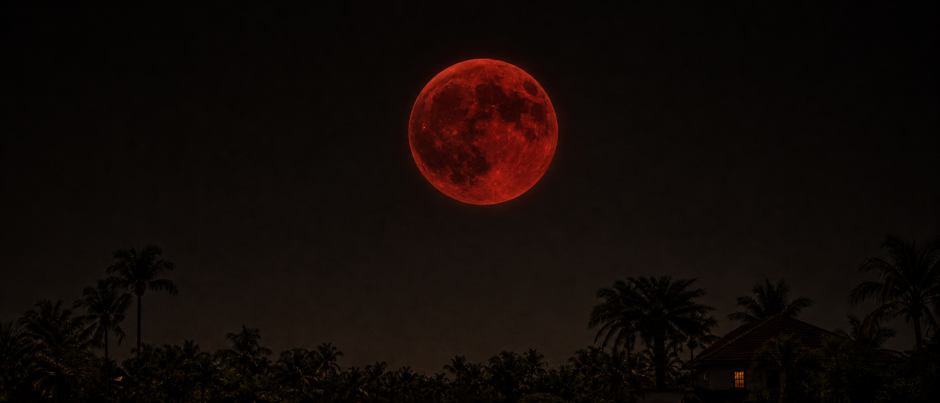 A deep crimson blood moon low over a dark treeline, thin haze crossing it, everything beneath falling to ink.