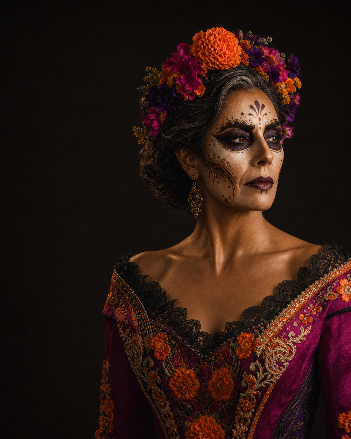 La Catrina, a fictional brand character: the elegant Queen of Día de los Muertos, an elder woman with dark hair silvered at the temples, bone-white face paint traced in fine violet linework with the eye sockets painted as petals, a crown of brilliant marigold, magenta and violet flowers, and a richly embroidered magenta and marigold gown with black lace.