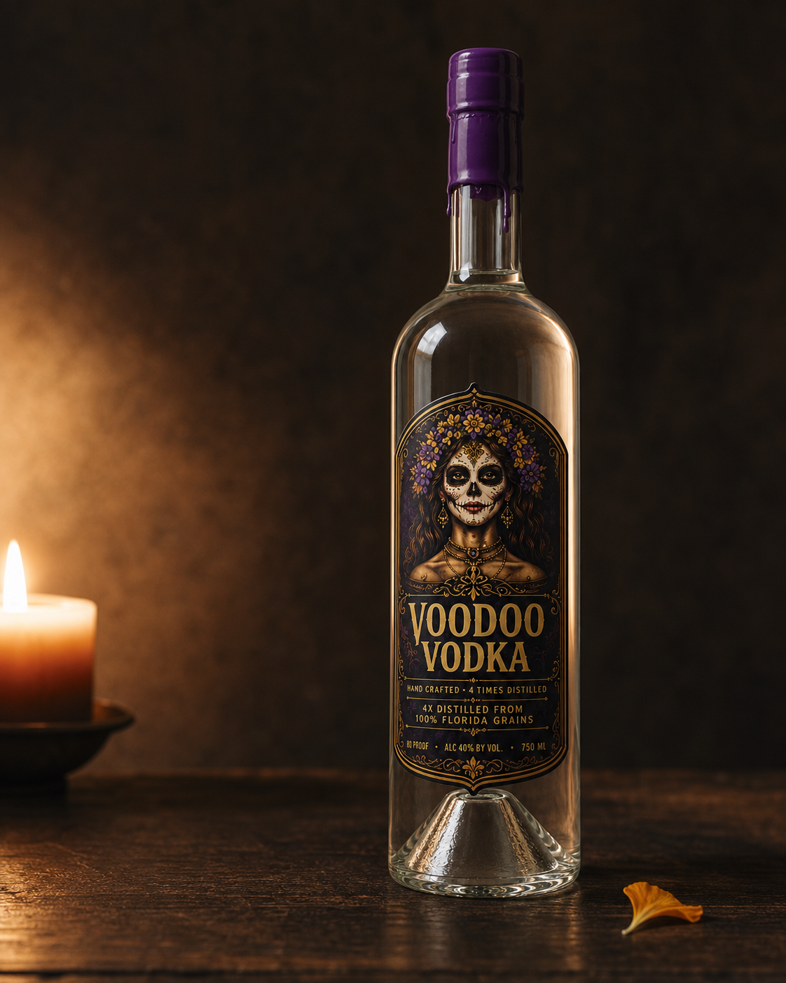 The packaged Voodoo Vodka bottle standing alone on a dark waxed-wood table, one warm key light carving the glass, deep shadow filling half the frame.