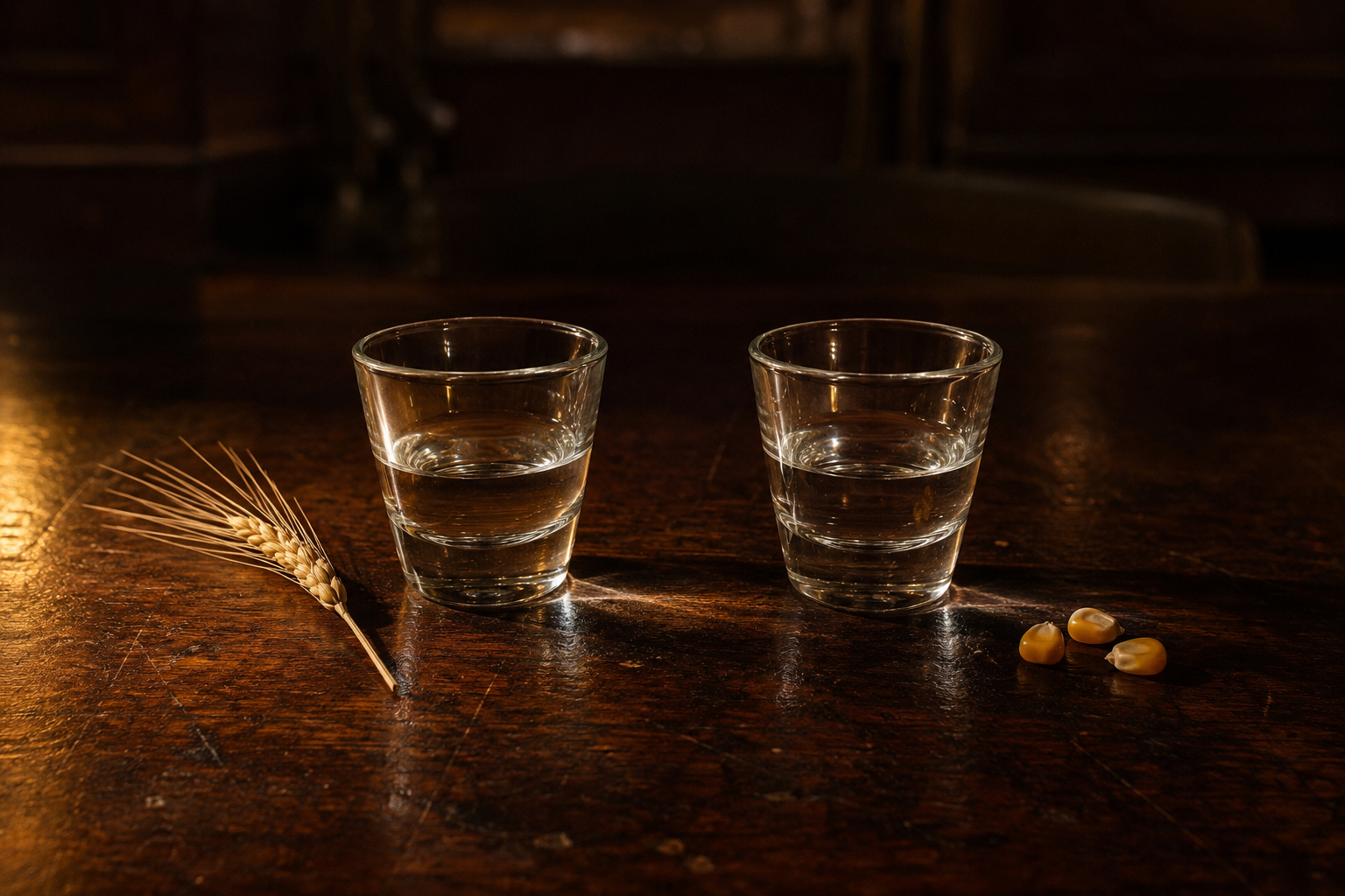 Two small glasses of clear spirit on a dark hotel-bar table, a head of wheat beside one and kernels of corn beside the other, lit by one warm bar lamp.