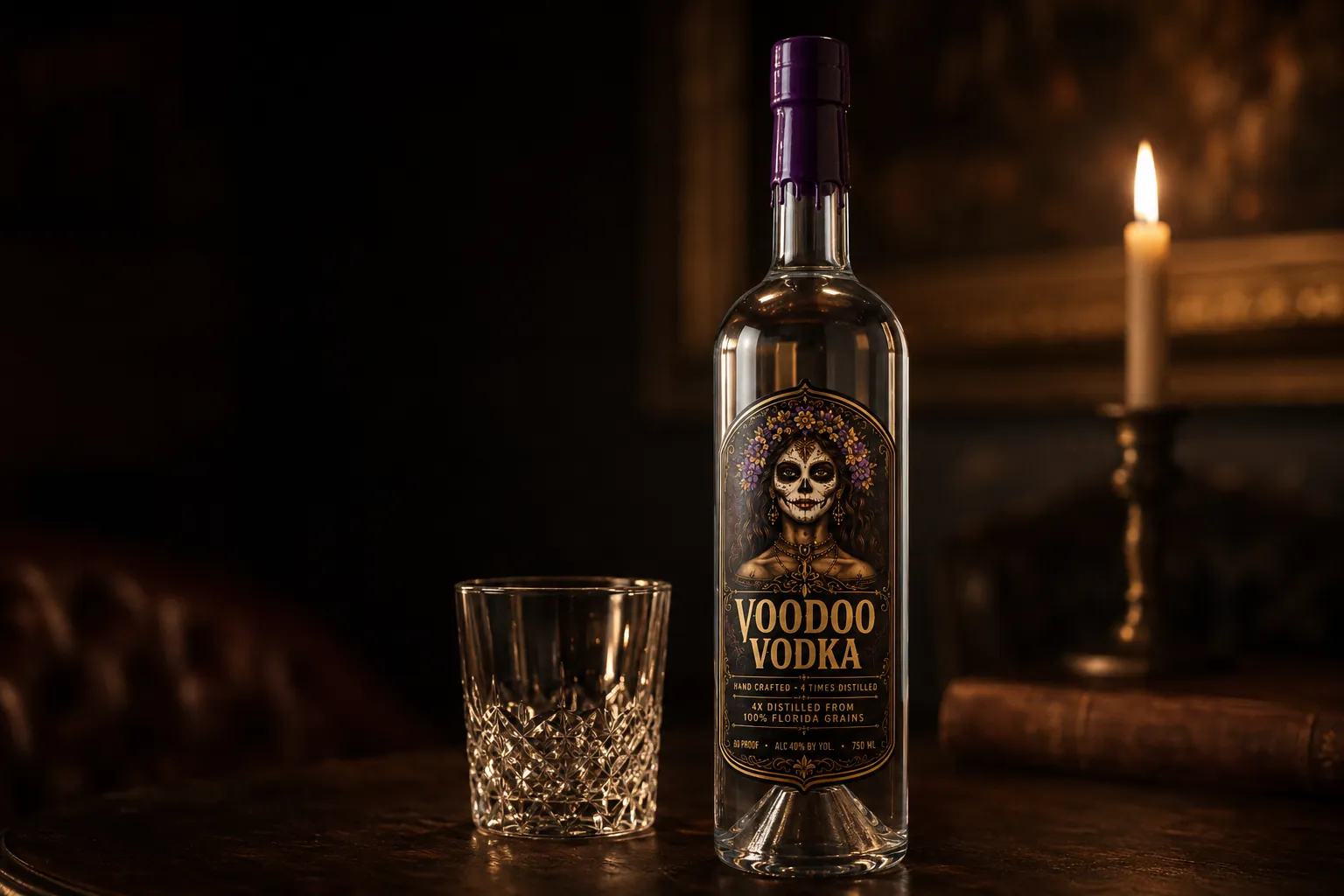 A bottle of Voodoo Vodka beside a cut rocks glass and a lit candle on a dark leather-and-wood bar, one warm key light.