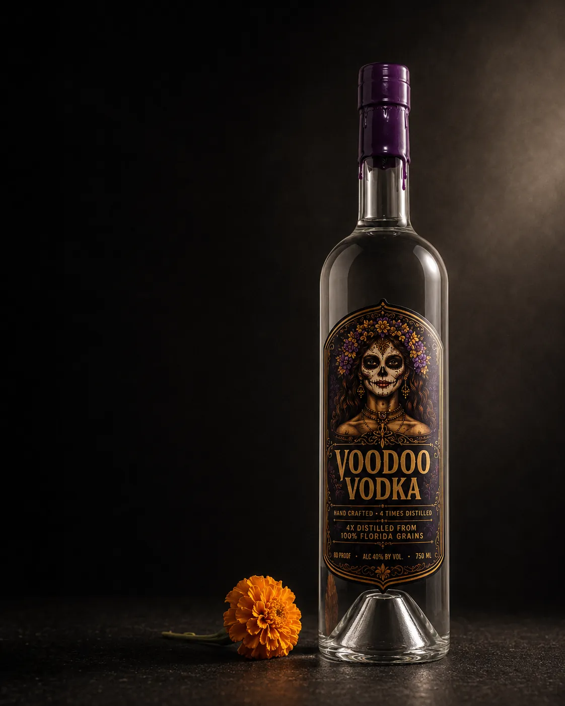 The Voodoo Vodka bottle, single-source lit against deep shadow.