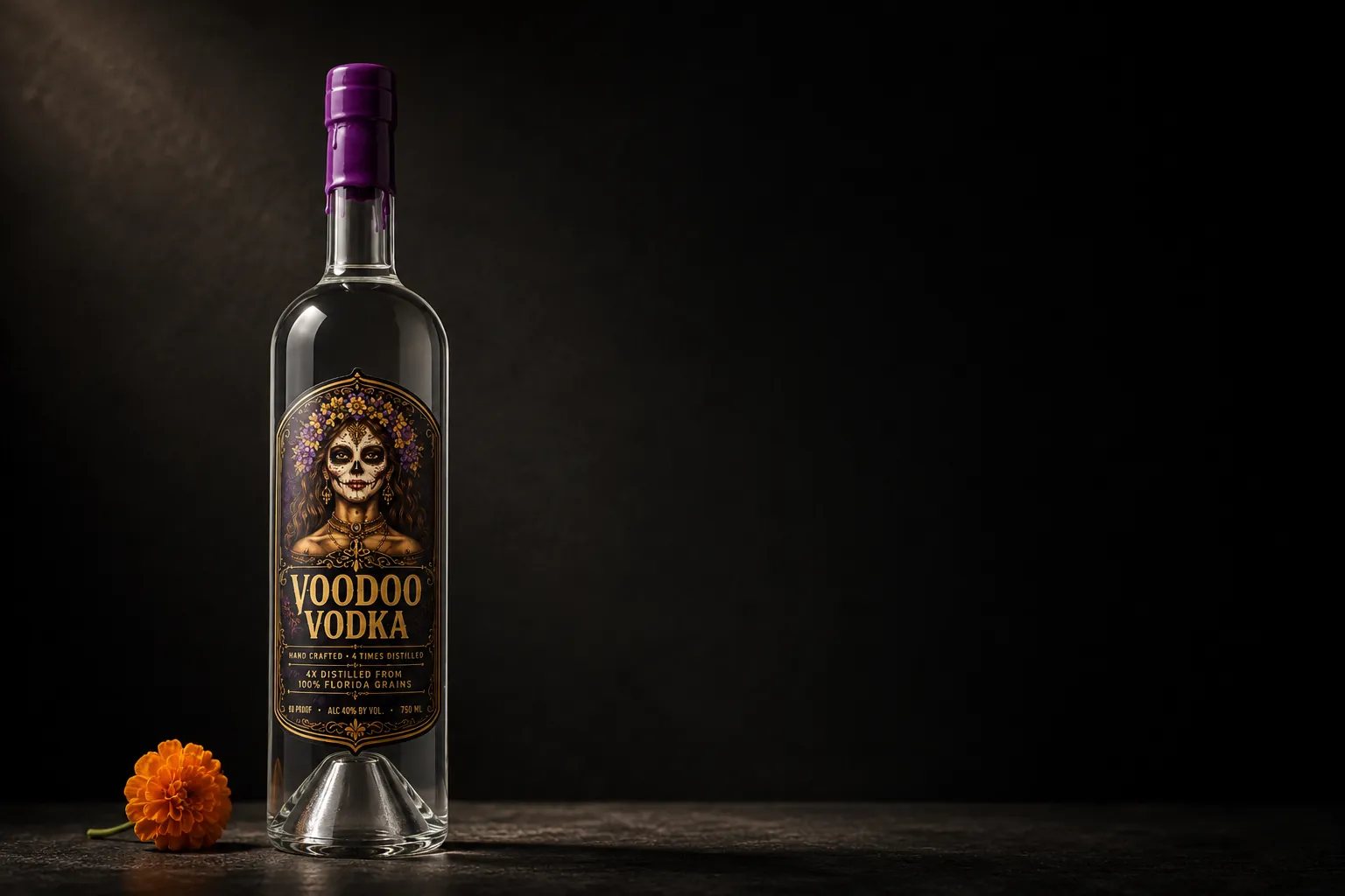 A bottle of Voodoo Vodka standing alone on dark waxed wood in one warm raking key light, deep shadow filling half the frame.