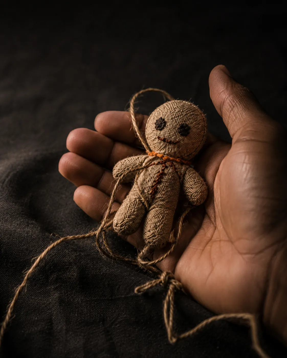 The hand-tied linen poppet held in the hand, in raking light.