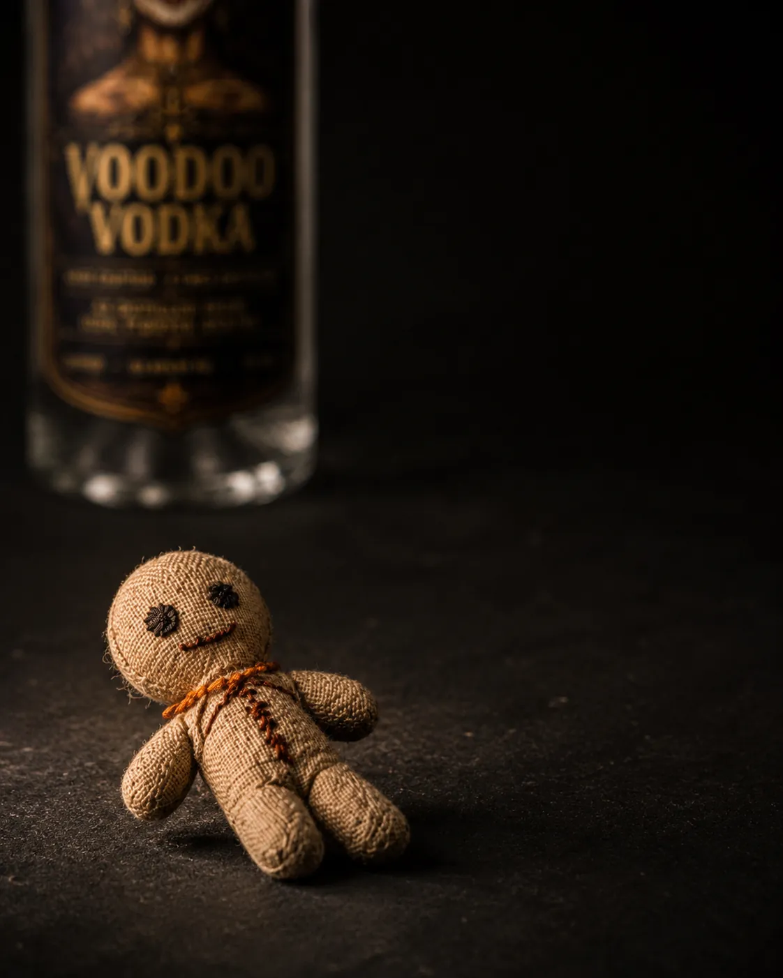 A hand-tied linen poppet in a single warm raking light, twine and loose thread sharp against deep shadow.