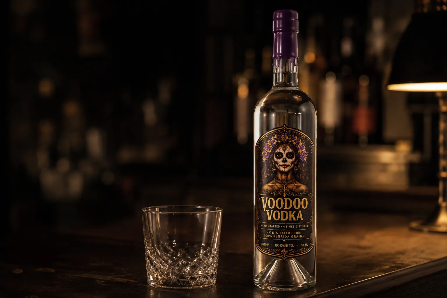 A Voodoo Vodka bottle and rocks glass on a dark surface, the bottle to bring home