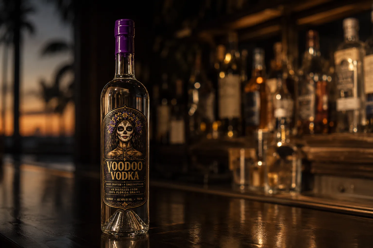 A Voodoo Vodka bottle on a dusk-lit Florida bar back, out in the world